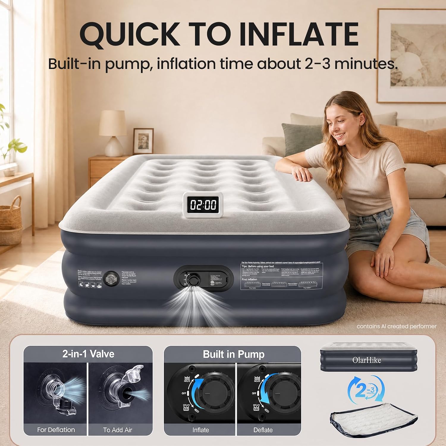 Detalle 1 de OlarHike AMH3 Twin Air Mattress, 20-Inch Comfort Height, Built-In Pump