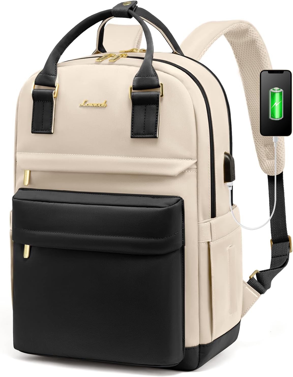 Detalle de LOVEVOOK Sac à Dos Femme 15,6" – Imperméable, Antivol avec Port USB et Compartiment PC, Noir-Beige