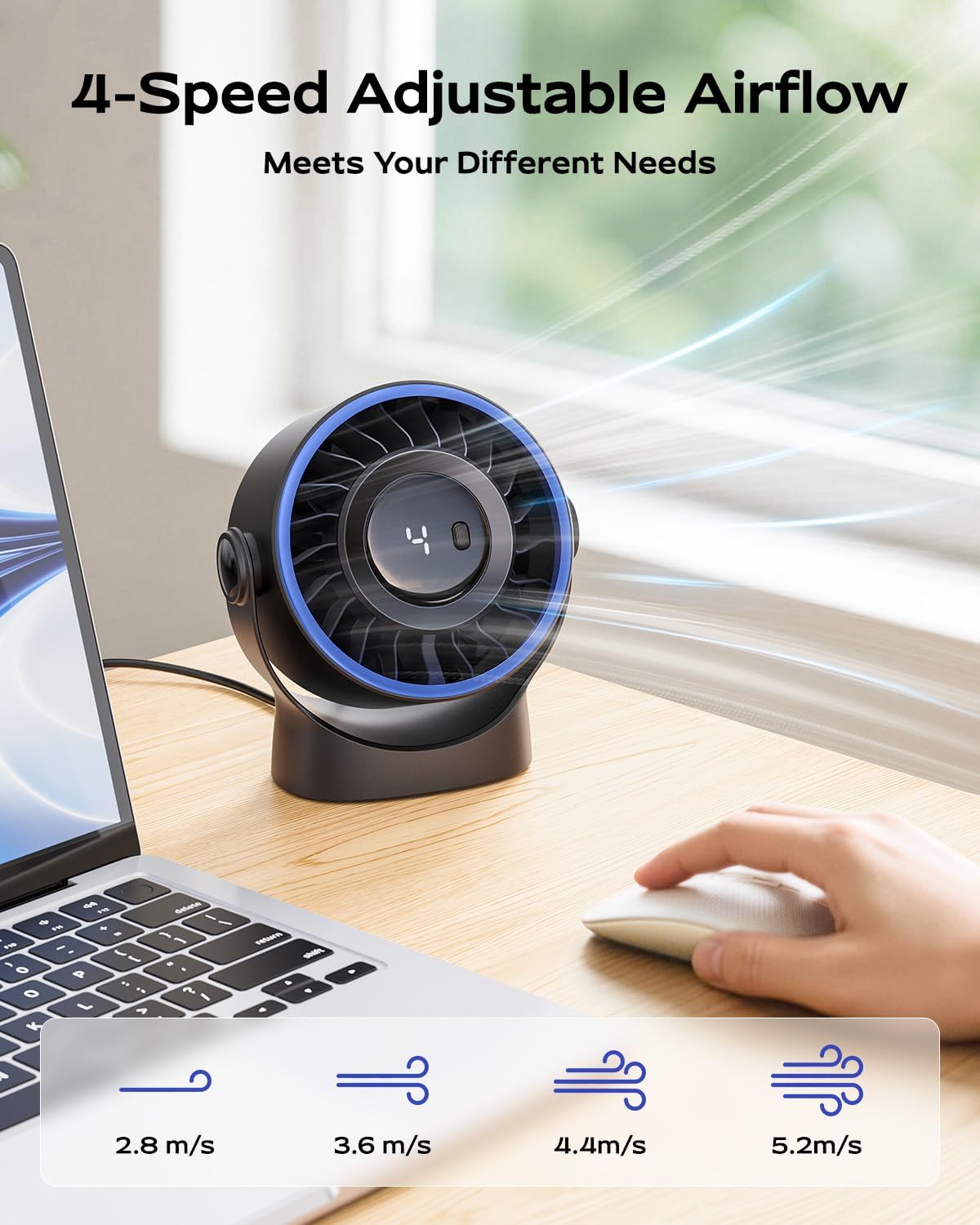 Detalle de SWEETFULL USB Desk Fan: 4-Speed, Quiet, 360° Rotatable and Portable