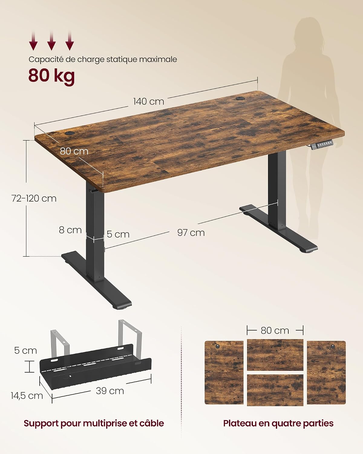 Detalle de VASAGLE Bureau électrique réglable en hauteur 140 x 80 cm avec port USB-C (LSD144KD02) — marron rustique