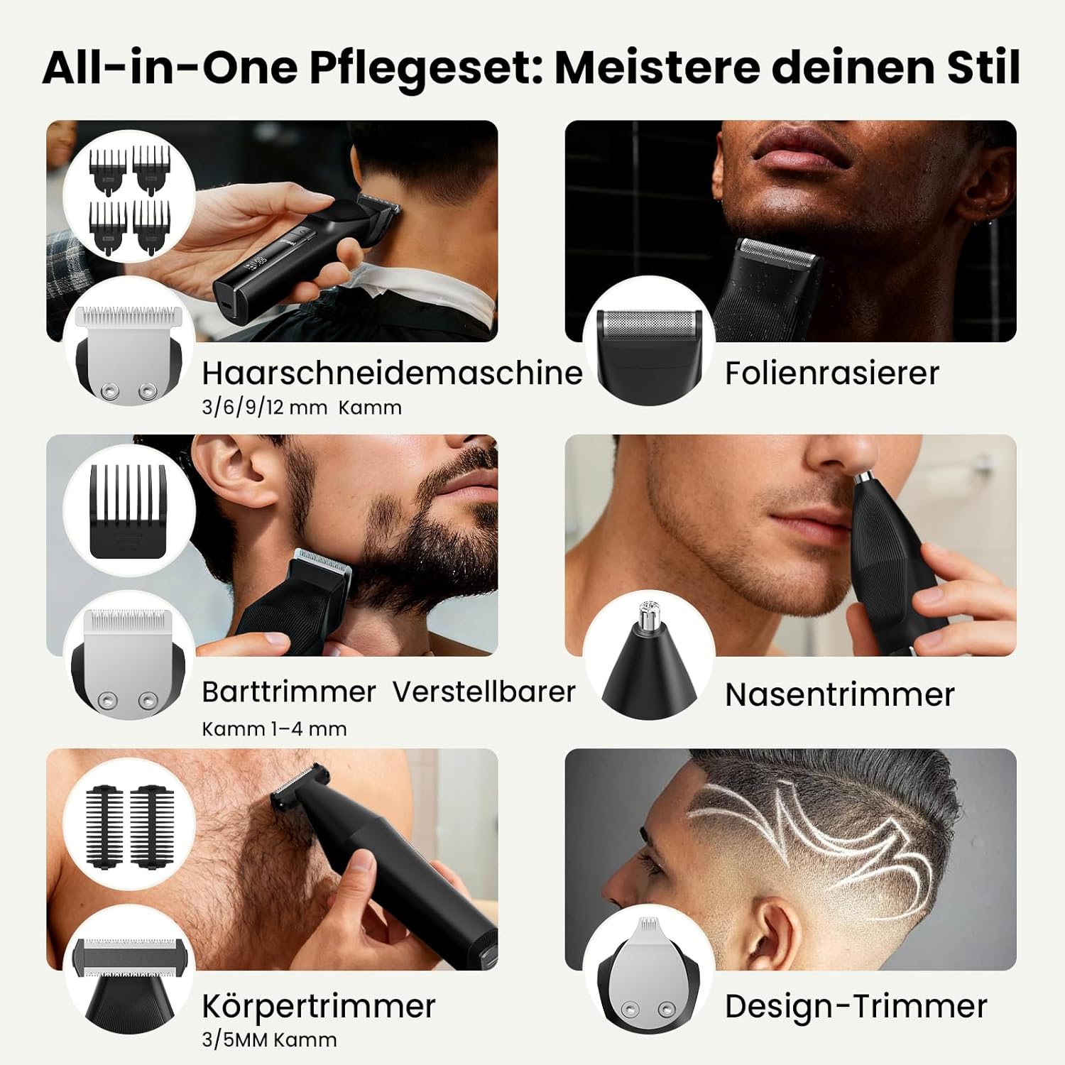 Detalle 2 de Yineel 6-in-1 Haarschneidemaschine & Barttrimmer-Set für Herren (IPX7, USB‑C, 6 Aufsätze)