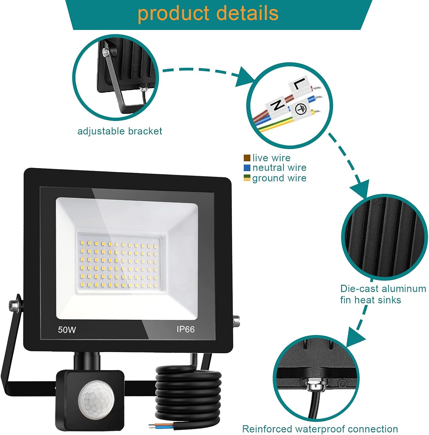 Detalle de treoir Faretto con Sensore di Movimento 50W, 5000LM – Faretto LED Esterno IP66 6000K