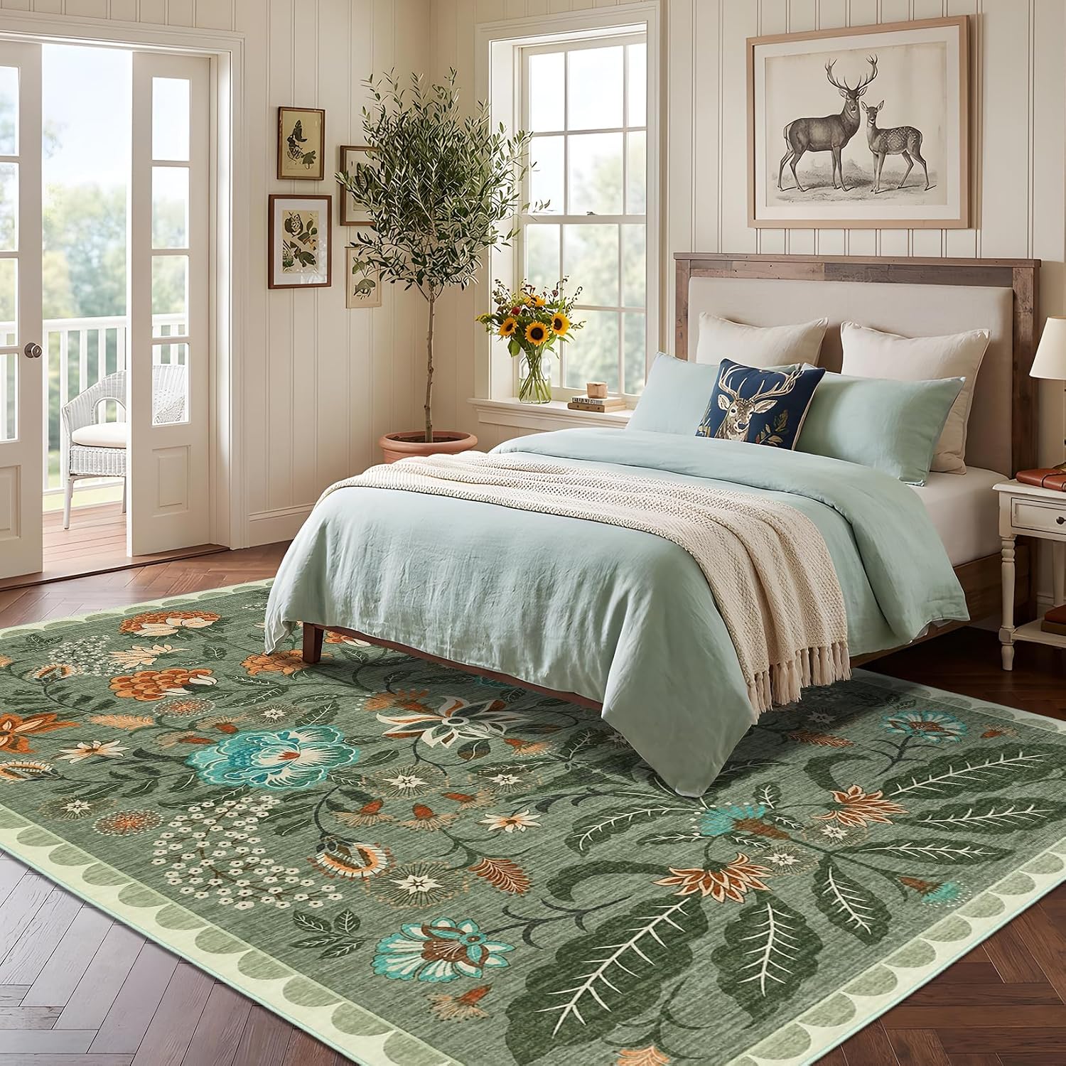 Detalle 1 de Garvee 8' x 10' Sage Green Washable Low-Pile Floral Area Rug