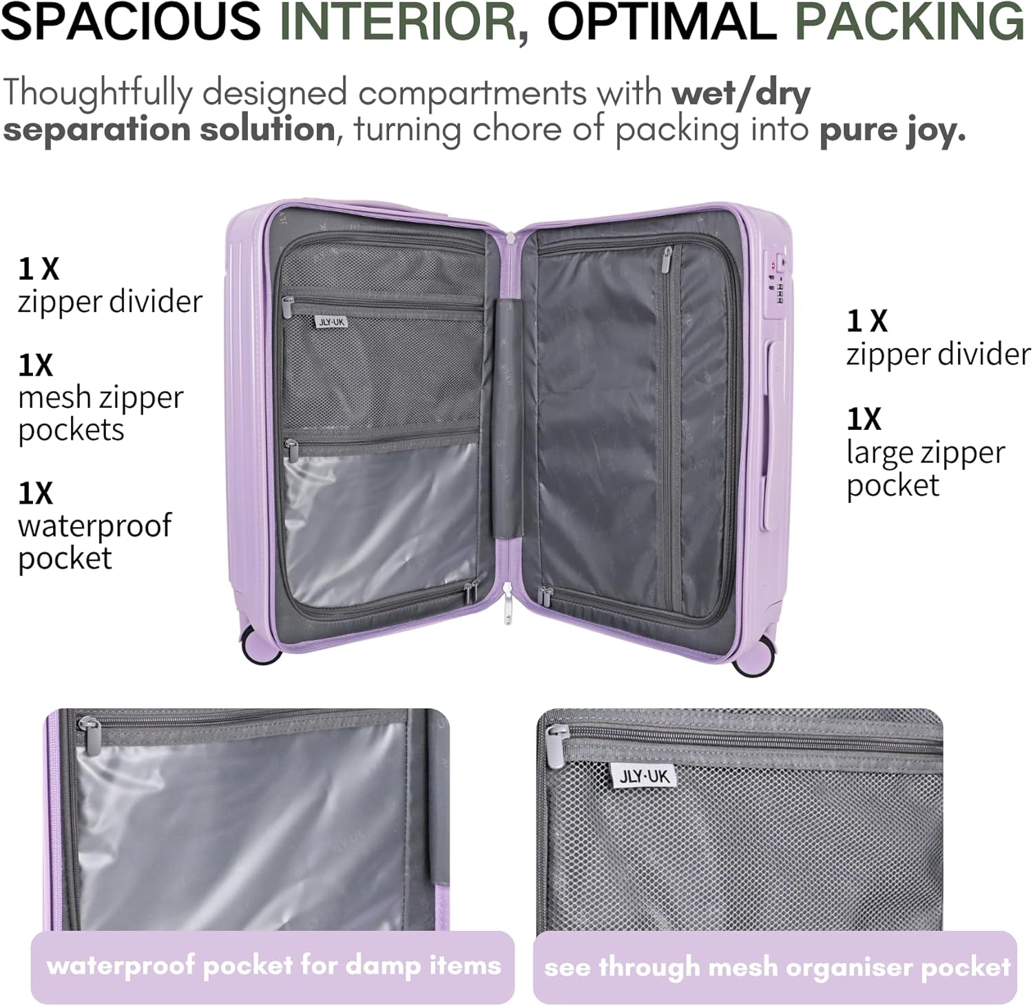 Thumbnail 6 de JLY Lightweight 3-Piece Luggage Set (Cabin, Medium & Large) in Mauve Lilac – 4 Pcs including Vanity Case