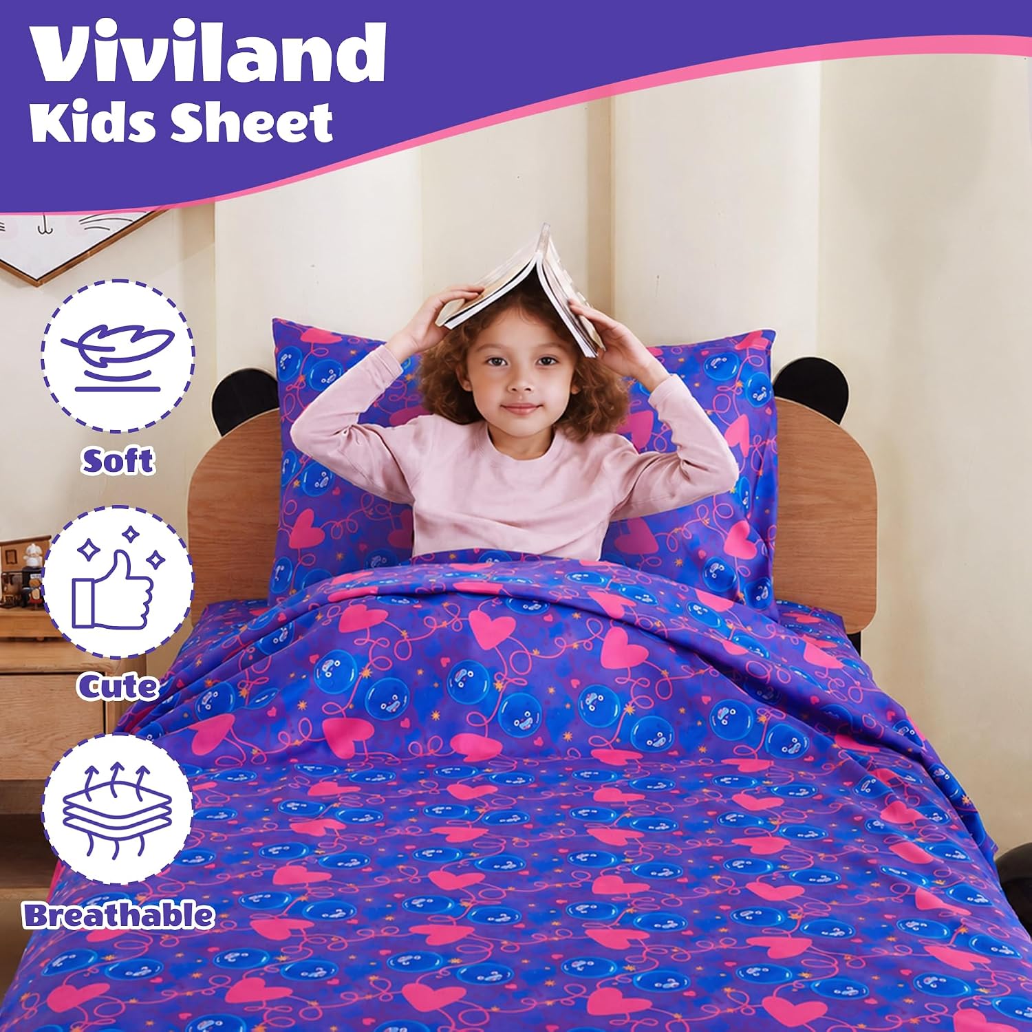 Detalle de Viviland VLKDSHT-PCL-F Full Sheet Set, Purple Heart Cat Microfiber