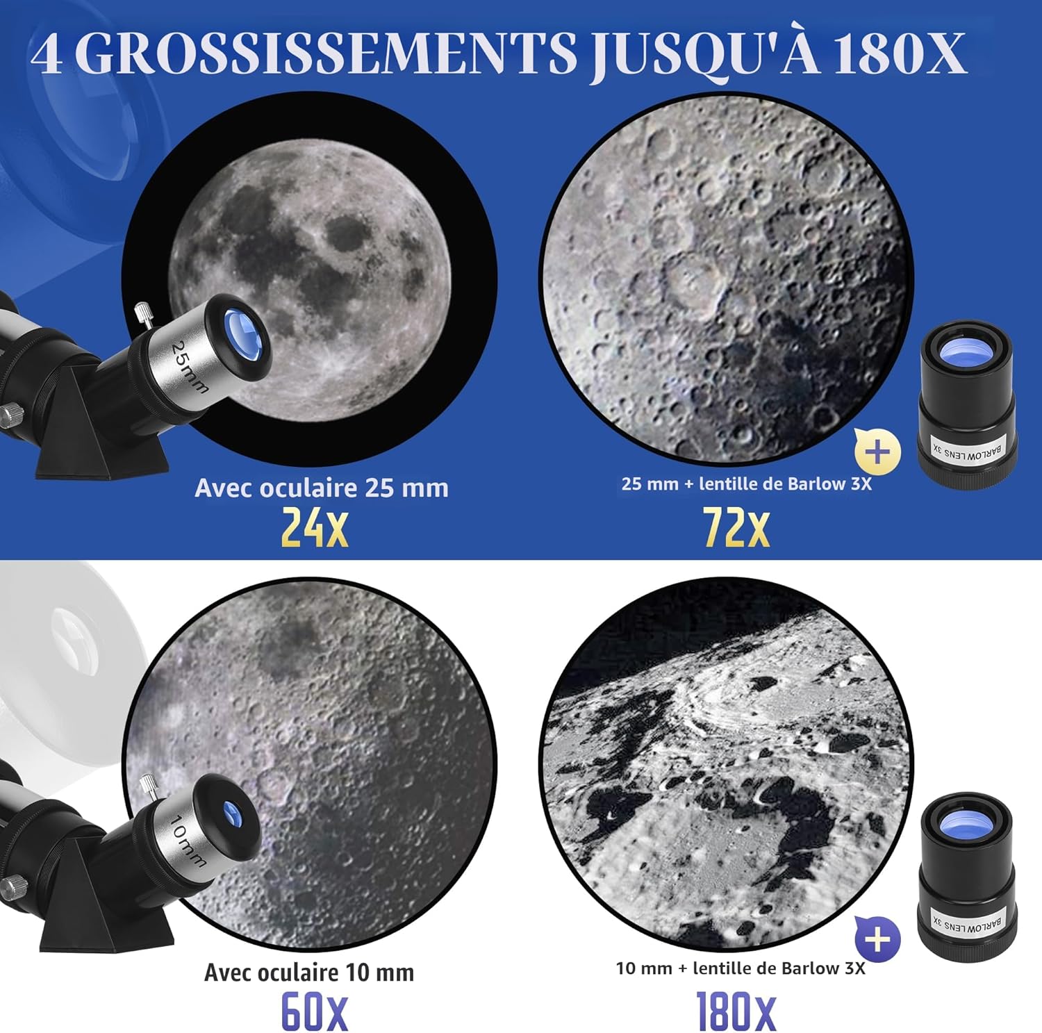 Detalle de MEEZAA Télescope Astronomique 80/600mm — Réfracteur Portable pour Débutants et Enfants, 24x–180x avec Trépied et Adaptateur Téléphone