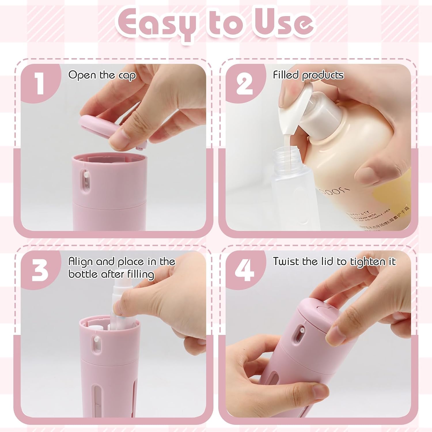 Thumbnail 4 de VEGCOO 4 in 1 Travel Bottle Dispenser (Pink) – 30ml Rotating, Leakproof & Refillable Set