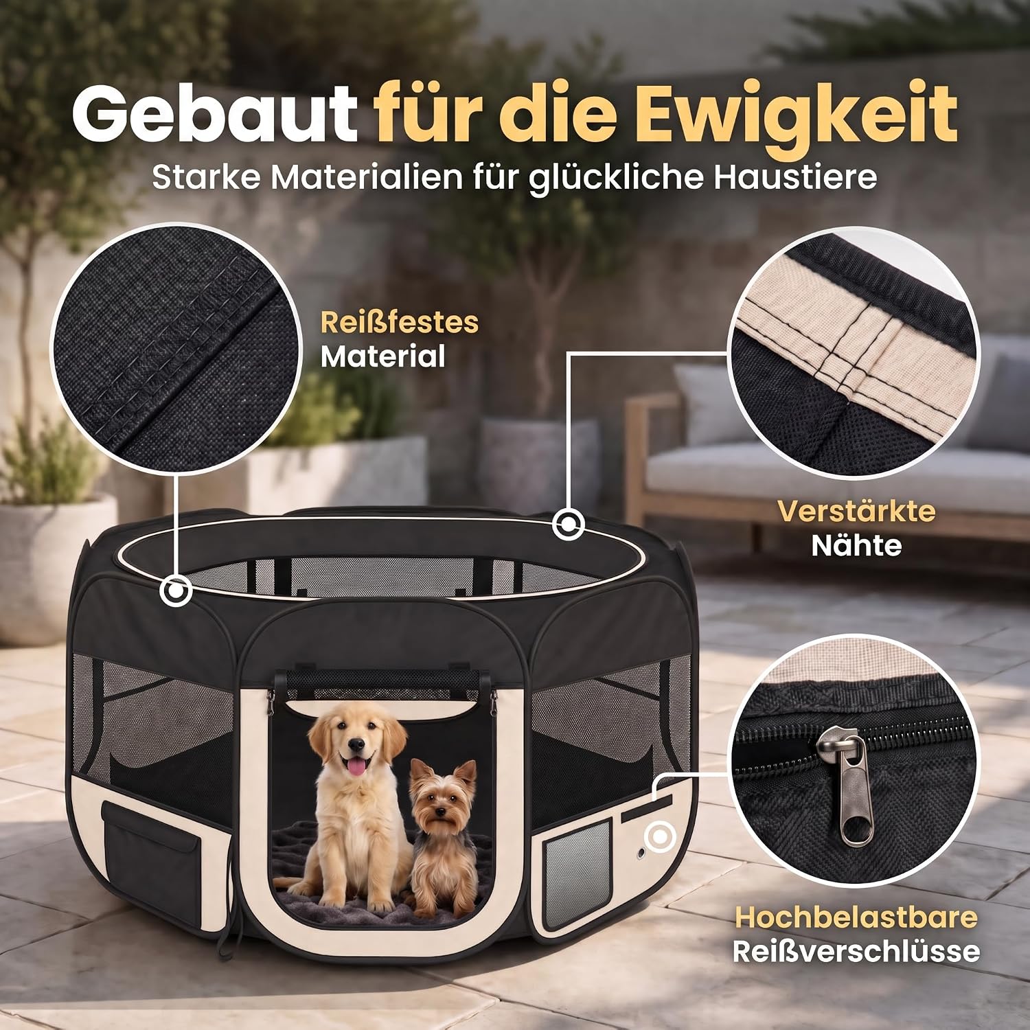 Detalle 2 de all Pets United Welpen-Laufstall / Tierlaufstall XXL für drinnen & draußen (Schwarz-Beige)
