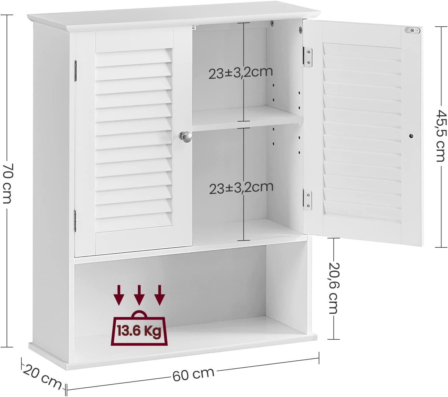 Thumbnail 2 de VASAGLE Badezimmerschrank BBC27WT – Wand- und Medizinschrank mit verstellbarer Ablage, Lamellentüren und offenem Fach