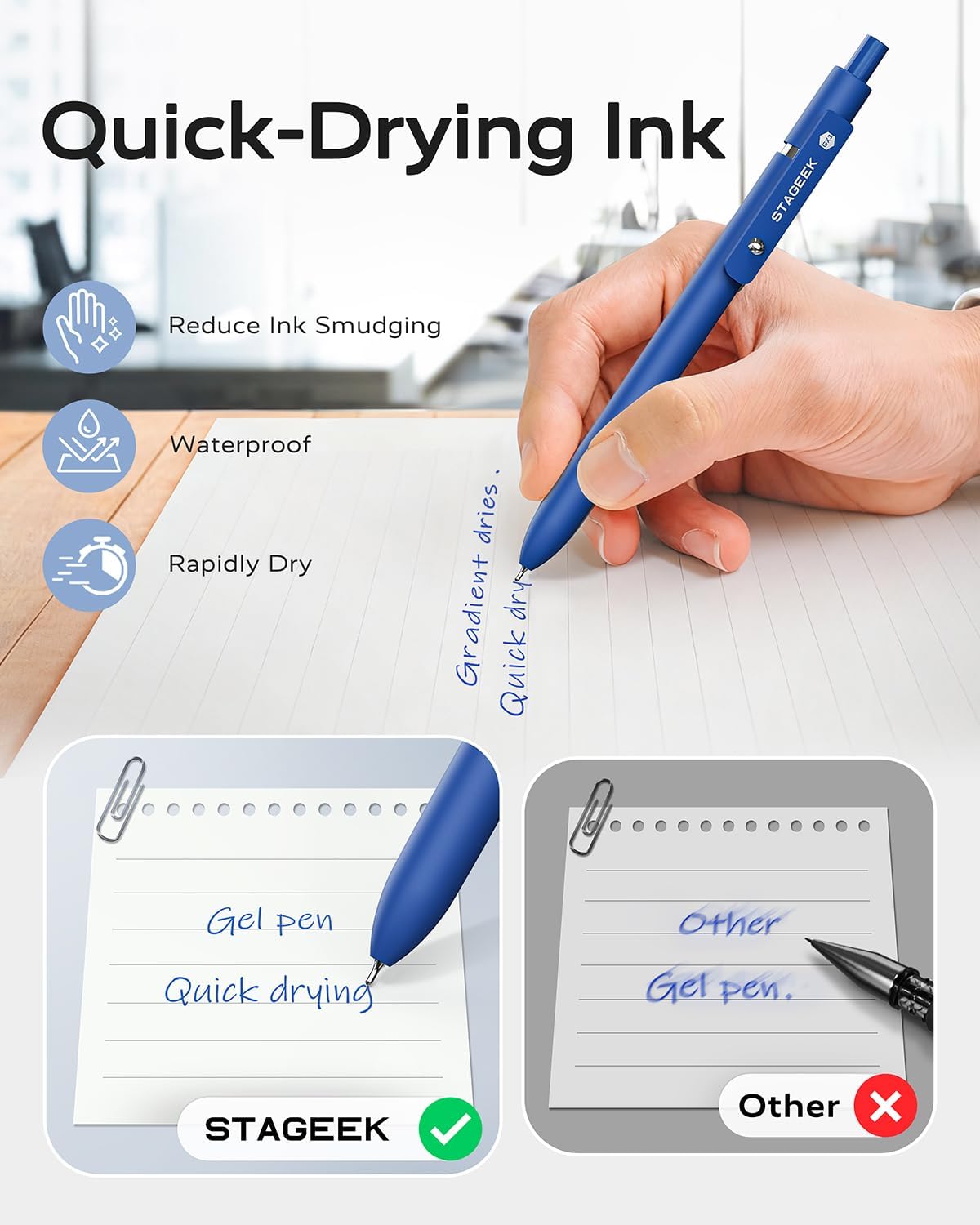 Detalle de STAGEEK Blue Gel Pens: 6‑Pack Fine Point with Extra Refills for Journaling and Notes