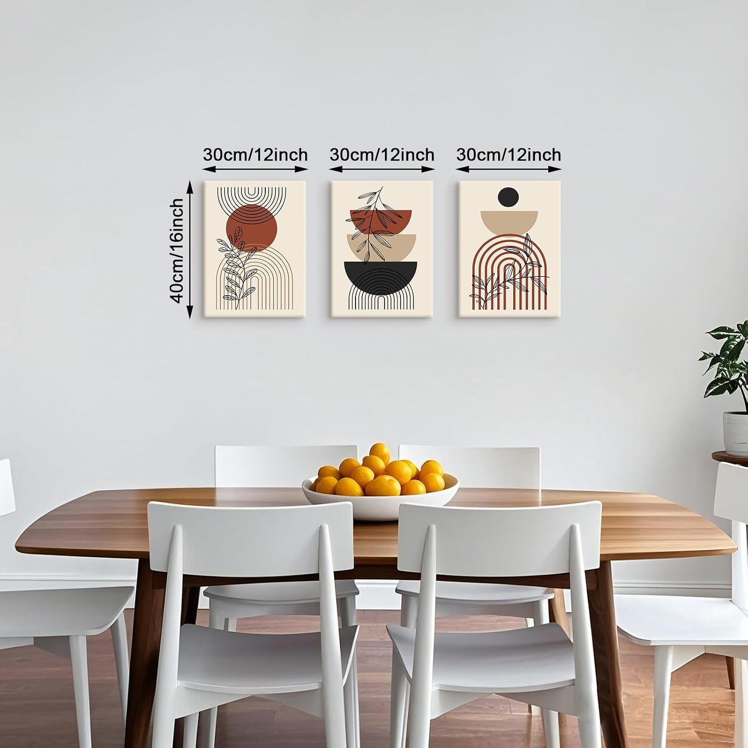 Detalle de 3 Pcs Boho Beige Canvas Wall Art – Geometric Black Leaf Trio, 30x40 cm Each