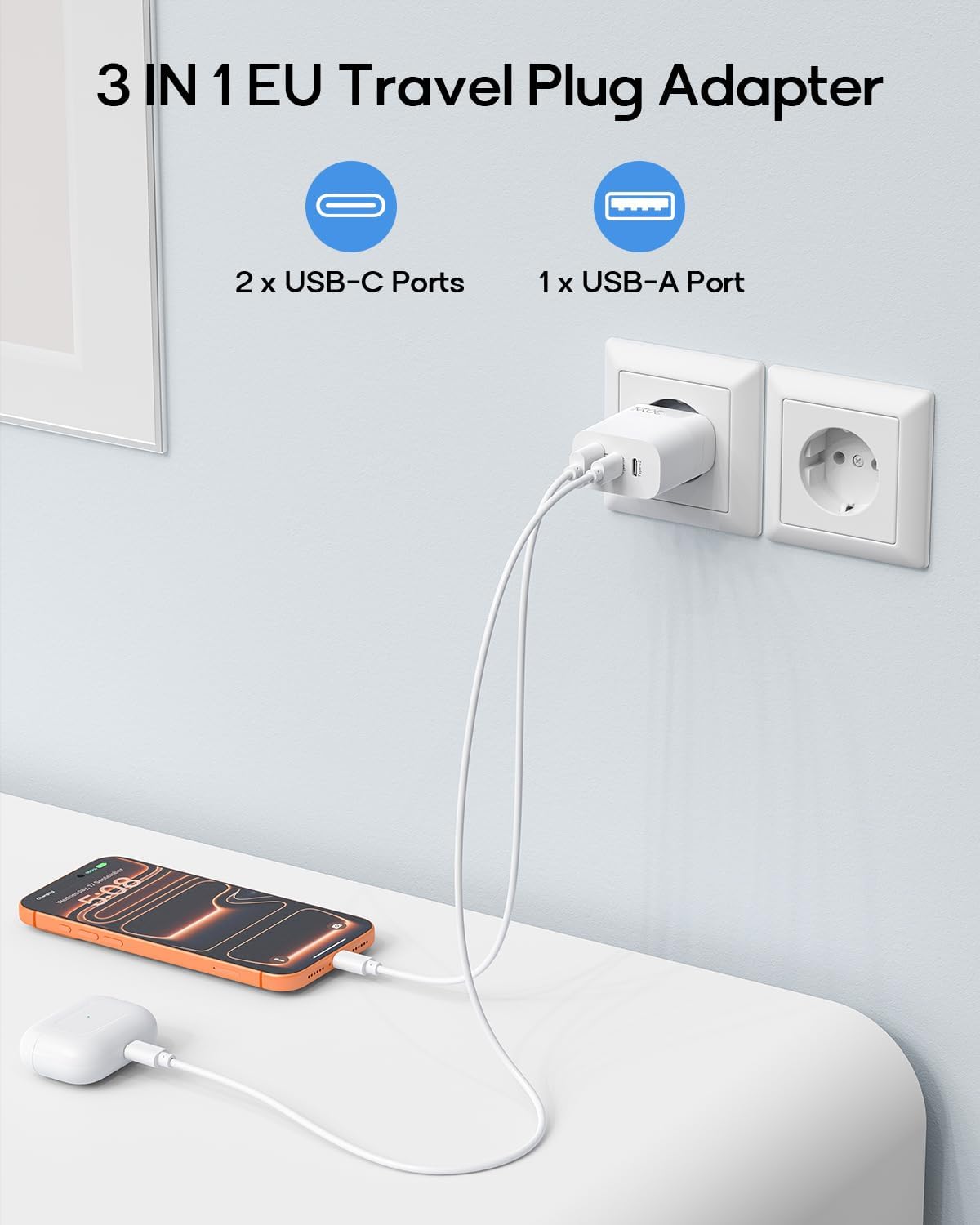 Thumbnail 1 de 2 Pcak UK to European Plug Adapter: 3-in-1 Travel Charger with 2 USB‑C and 1 USB‑A (UK to EU)