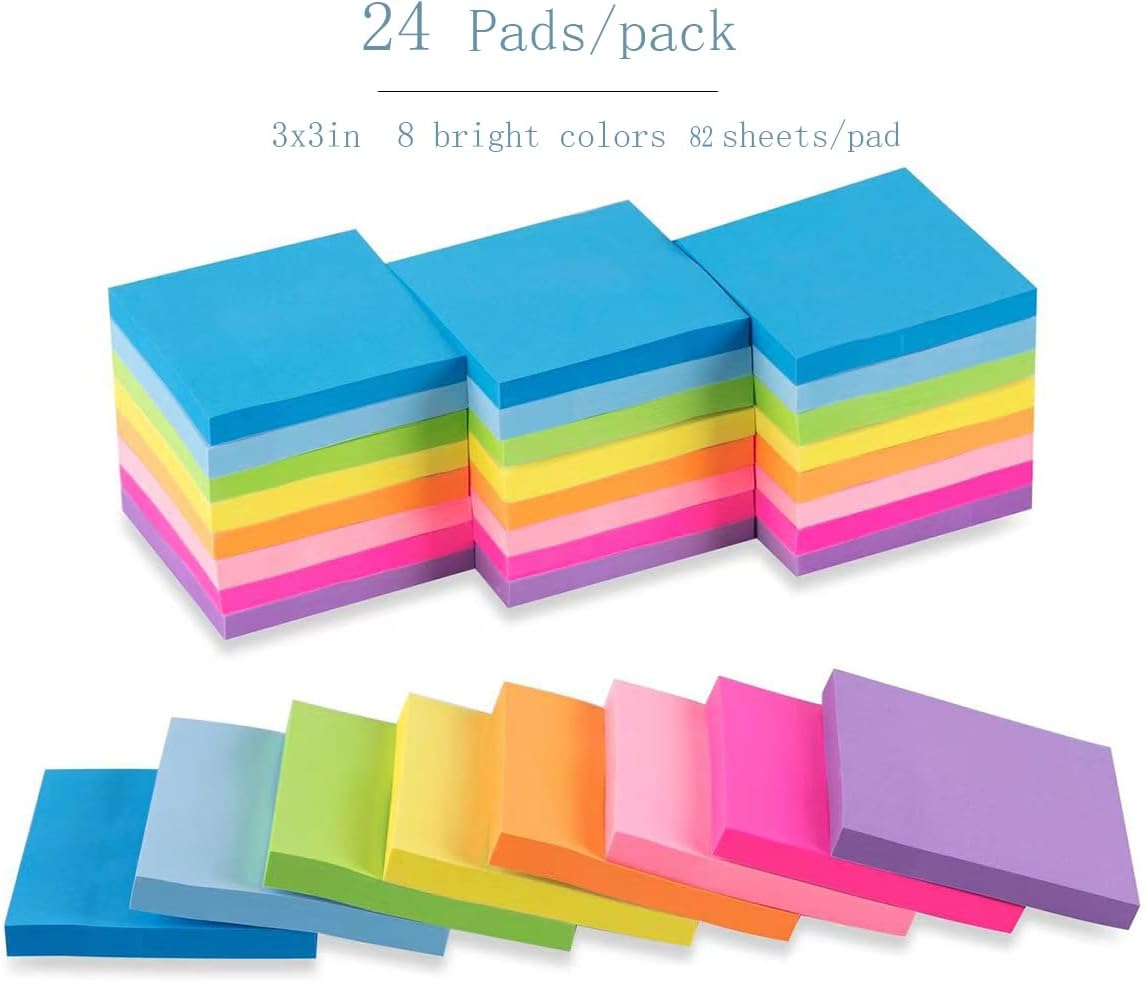 Thumbnail 1 de Wowivy 24 Pack 3x3" Sticky Notes in Bright Colours (82 sheets per pad, 1968 total)