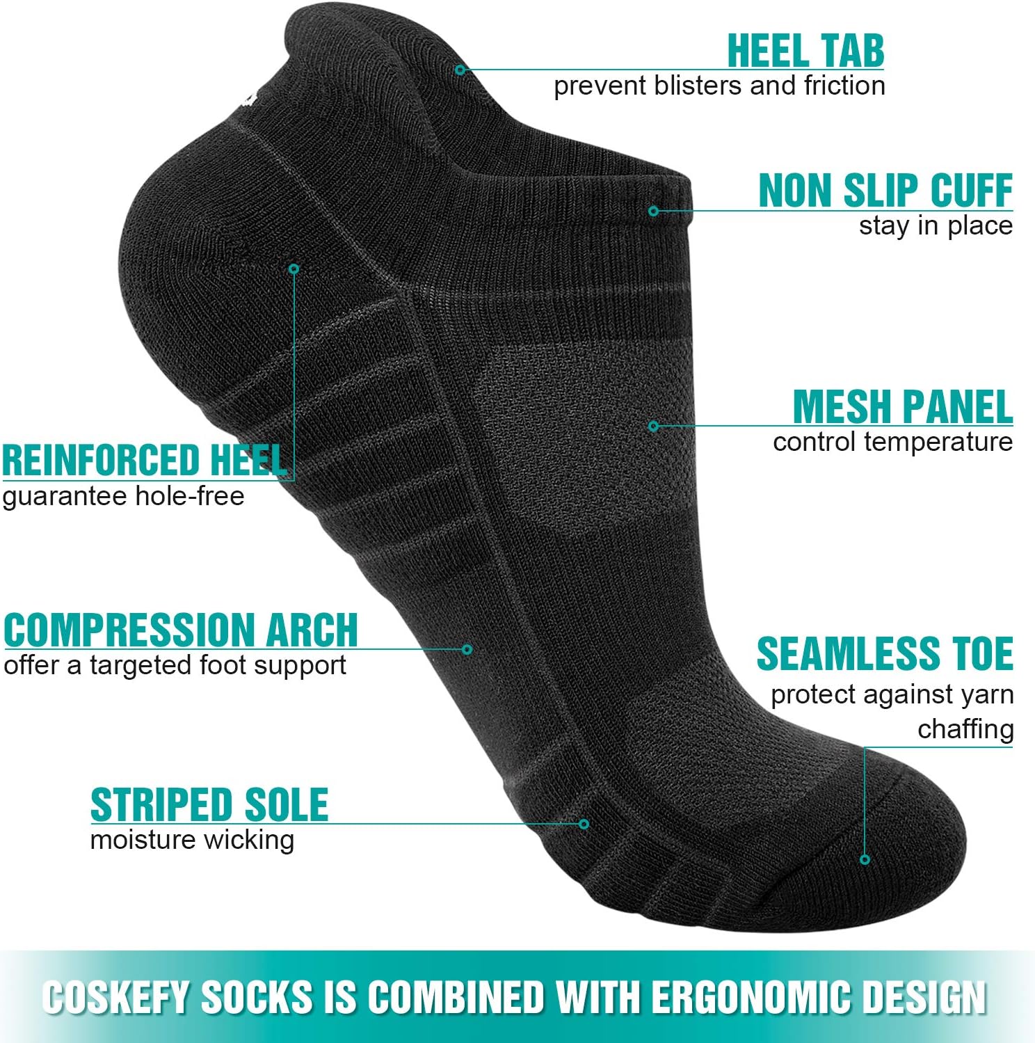 Thumbnail 2 de Coskefy Thick Cushion Ankle Anti-Blister Running Socks (6 Pairs) – Cotton Trainer Sports Socks