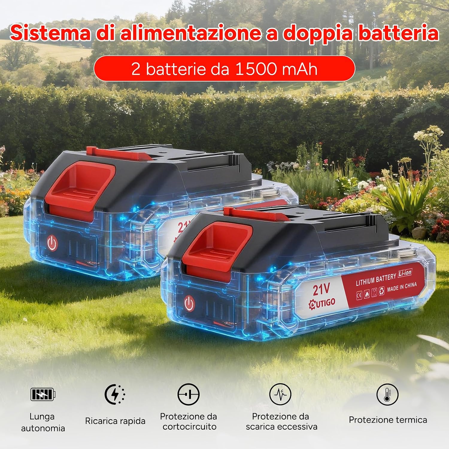 Detalle de OUTIGO Decespugliatore a Batteria 800 W con Tagliaerba Elettrico, 4 lame e asta telescopica 71–106 cm