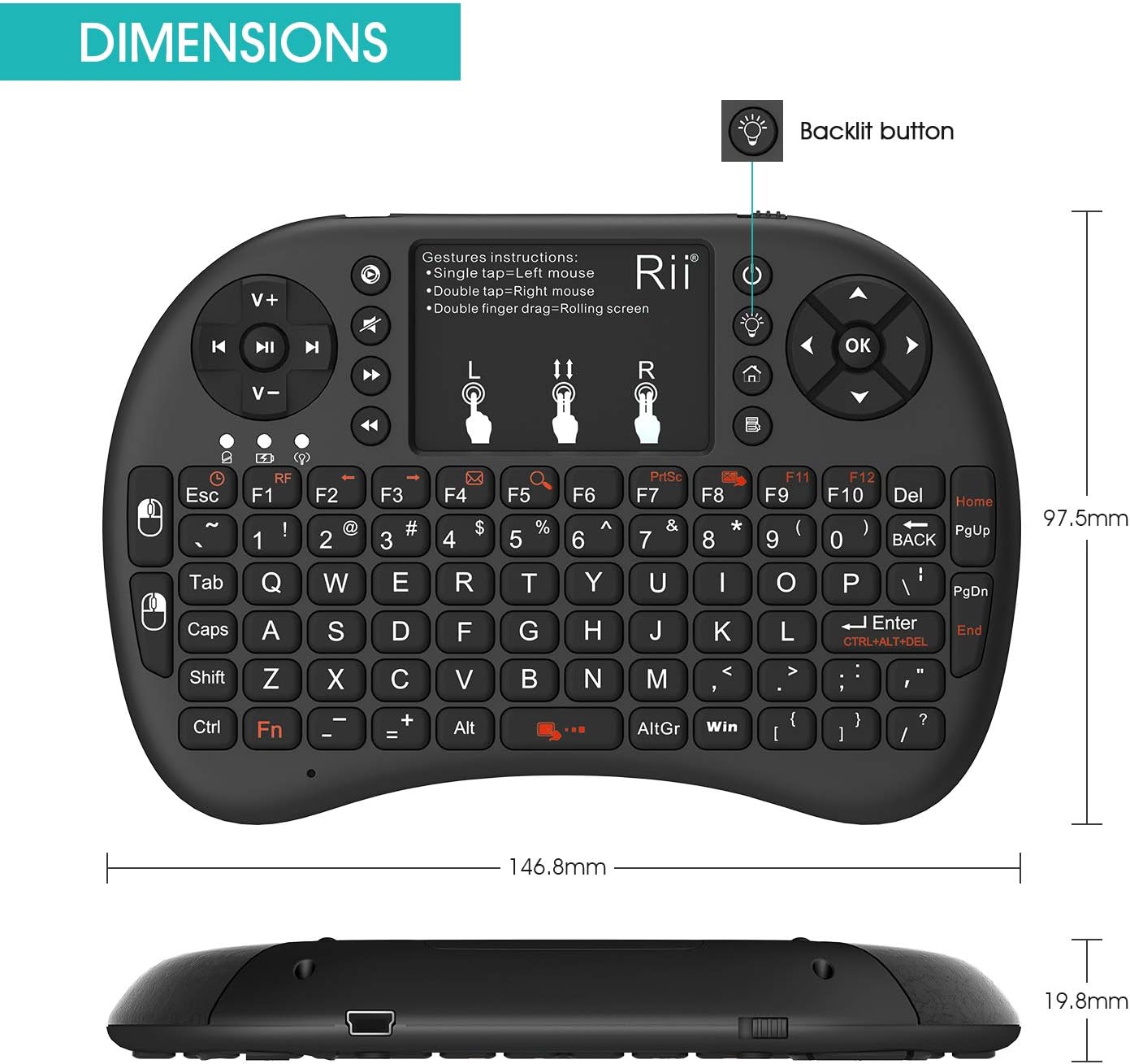 Thumbnail 1 de Rii Mini Clavier sans fil 2,4 GHz QWERTY rétroéclairé avec pavé tactile 360°