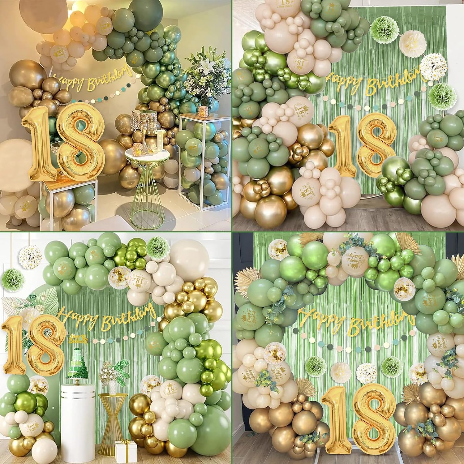 Detalle de 18 Geburtstag Deko Grün Gold Set – Luftballons, Banner, Pompons und Lametta-Vorhänge