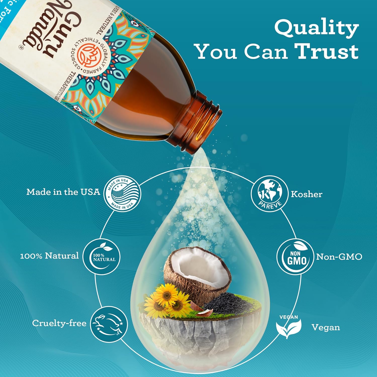Detalle 2 de GuruNanda Original Oil Pulling Mouthwash with Coconut & Sesame Oil, Alcohol-Free (8.45 fl oz) + Tongue Scraper