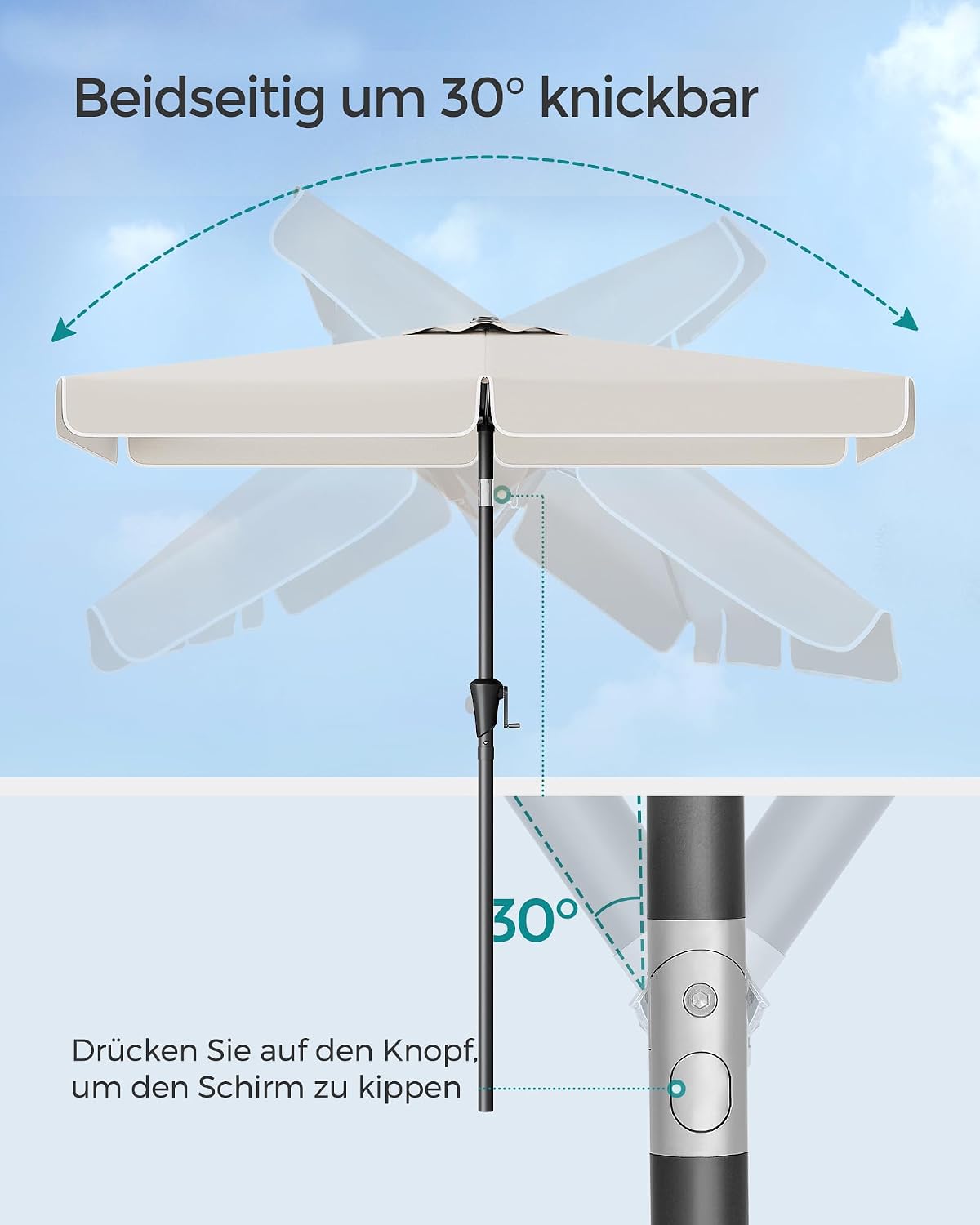 Detalle 2 de SONGMICS Sonnenschirm 300 x 200 cm (rechteckiger Balkonschirm) UPF 50+, 30° neigbar, beige GPU058M01