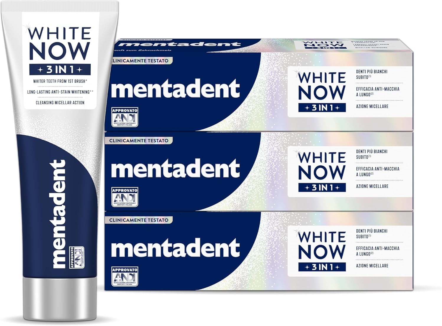 Detalle de Mentadent WHITE NOW 3in1 Original – Dentrificio 75 ml, cofanetto 3 pezzi, odore mentolato e azione sbiancante rapida