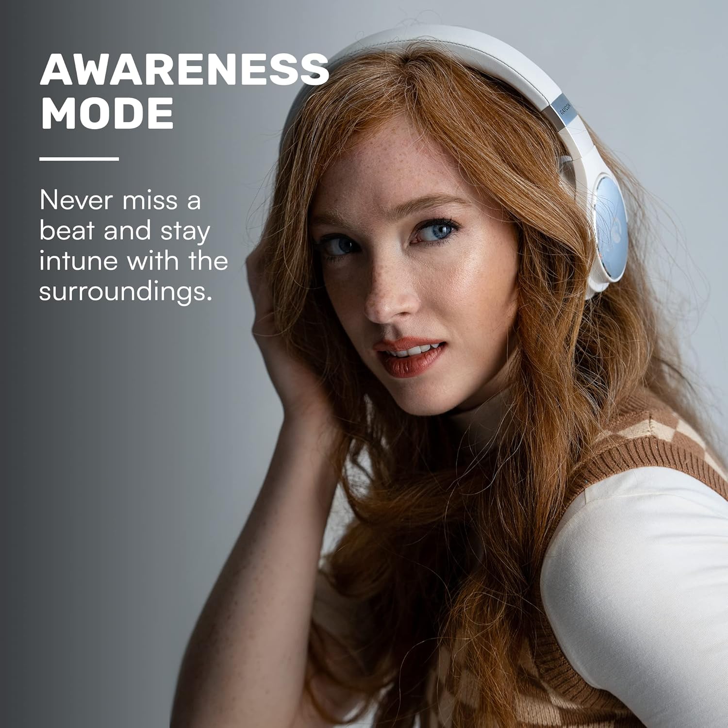 Thumbnail 6 de Raycon Everyday Wireless Bluetooth Over-Ear Headphones with ANC, Awareness Mode, Built-in Mic and IPX4 (Frost White)