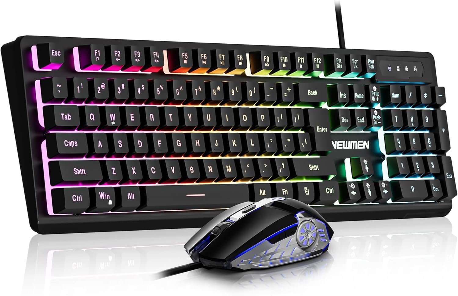 Detalle de Newmen GM104 Wired Gaming Keyboard and Mouse Set (104-Key RGB, QWERTY, USB)
