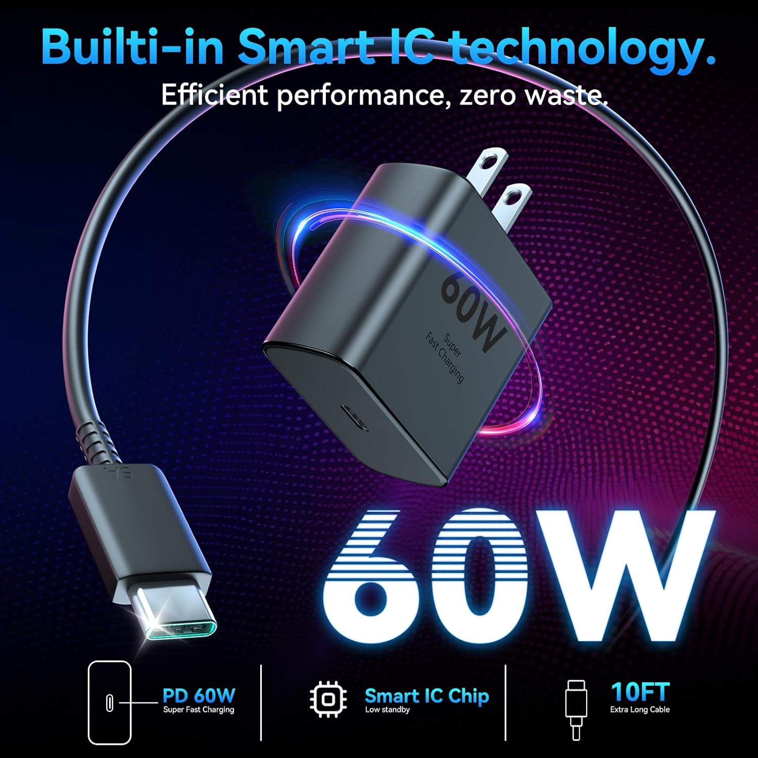 Detalle 2 de 60W USB C Super Fast Charger with 10ft USB-C Cables — Dual-Pack for Samsung Galaxy, iPhone, and More