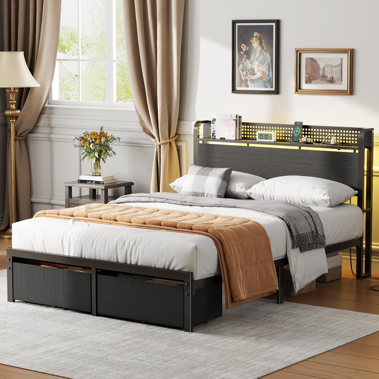 Thumbnail 2 de Furnulem HK-BF-001CLD-F-1-RG Full Bed Frame with Storage, Charging & RGB LEDs