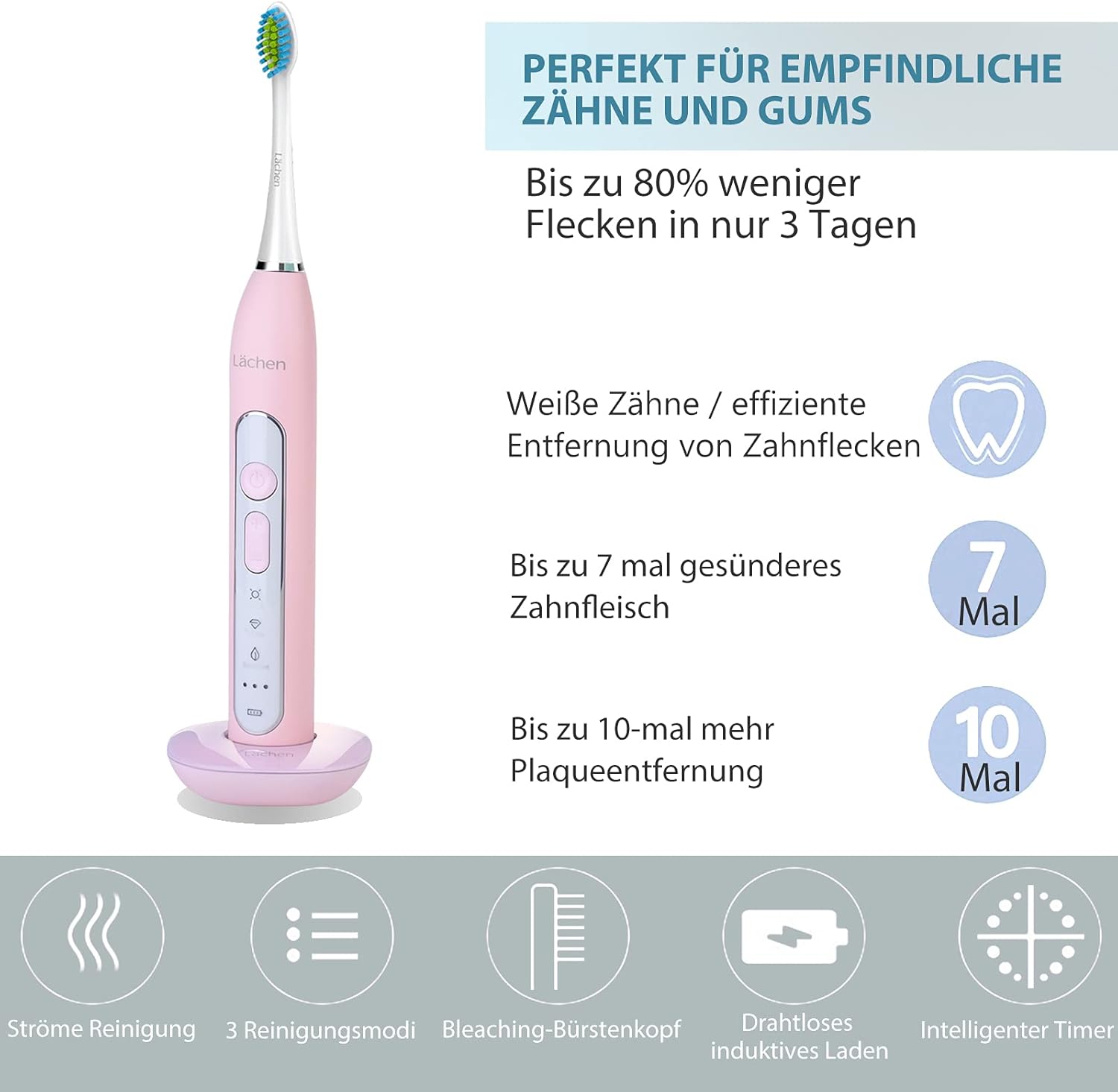 Thumbnail 3 de Lächen Sonic elektrische Zahnbürste (rosa) mit Timer, 4 Aufsteckbürsten & Reisetasche