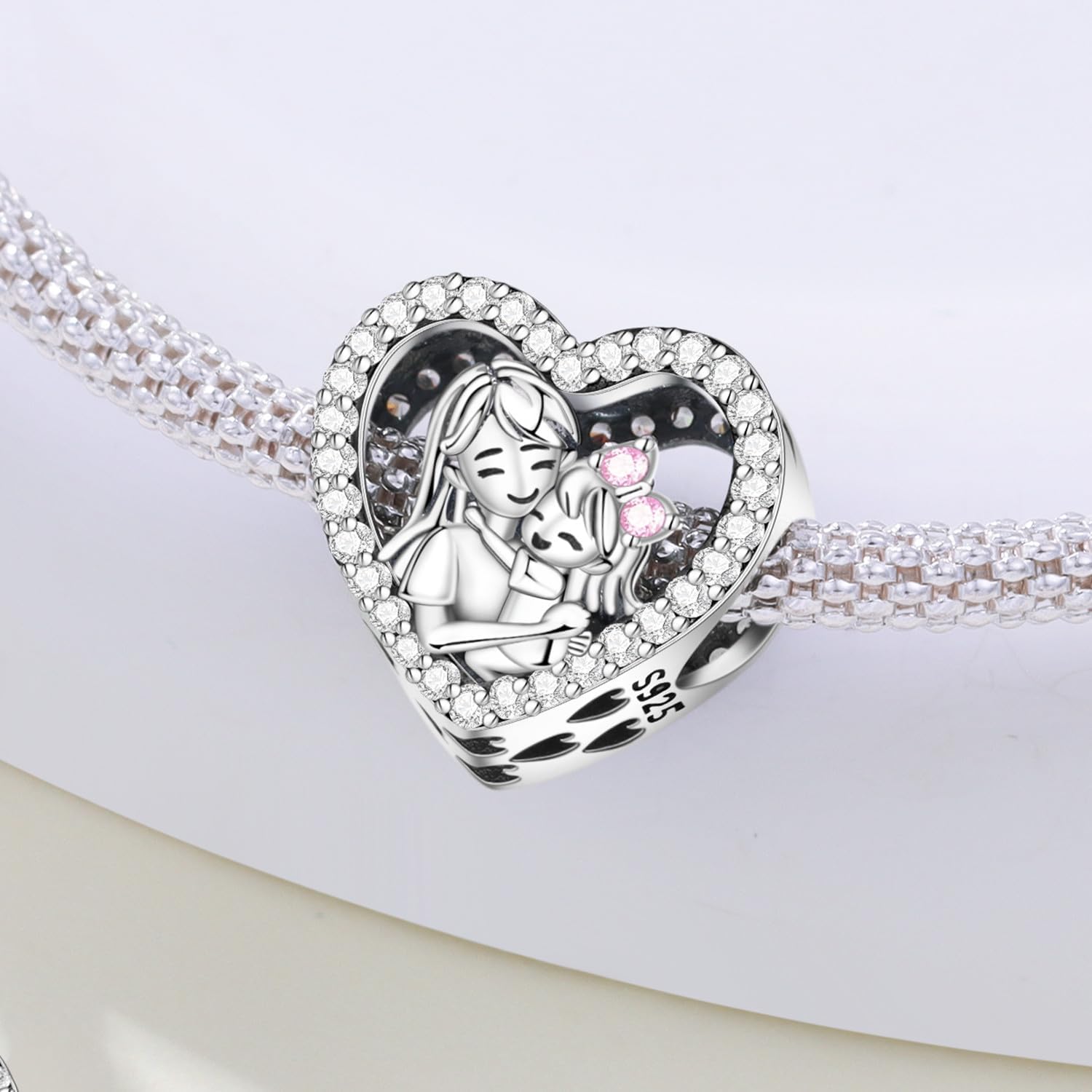 Detalle de PANPOKI Family Herz Charm Perlen 925 Sterling Silber – Nurse, Mutter-Tochter, Schwestern