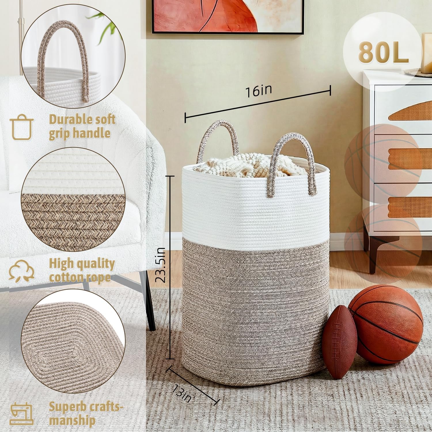 Detalle de Artfeel fang-01 60L Woven Cotton Rope Laundry Hamper with Drawstring