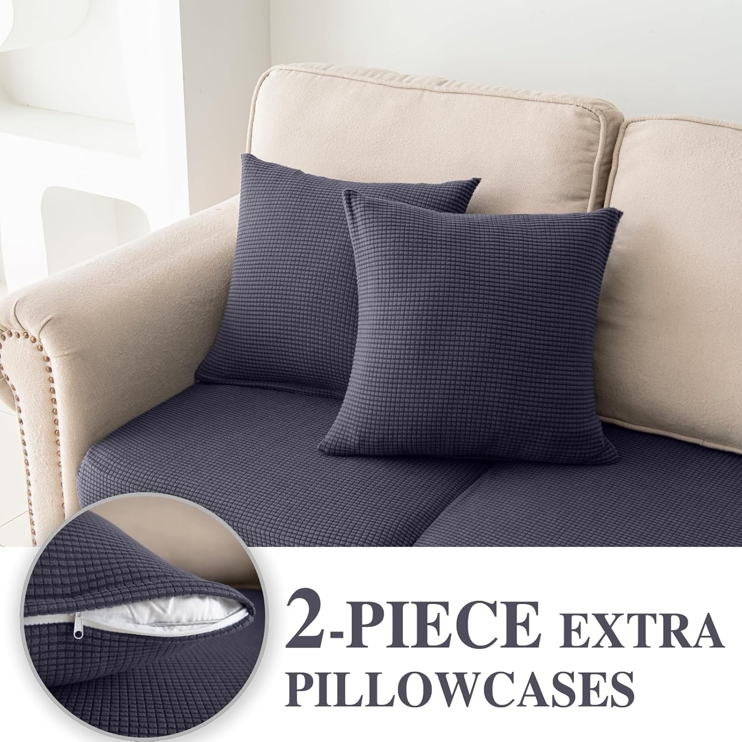 Detalle de LA MEACK Couch Cushion Covers for Sectional Sofa (3-Seater + 1 Chaise) in Dark Grey