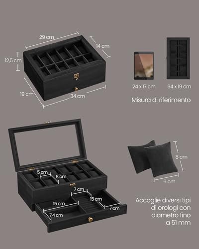 Detalle de SONGMICS Porta Orologi a 12 Scomparti, 2 Livelli, Coperchio in Vetro e Fodera in Velluto – JOW012B02