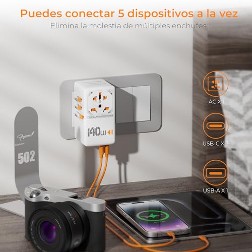 Detalle de TESSAN 140W GaN Adaptador de Viaje: Cargador USB-C 140W + USB-A 18W y toma universal 2500W