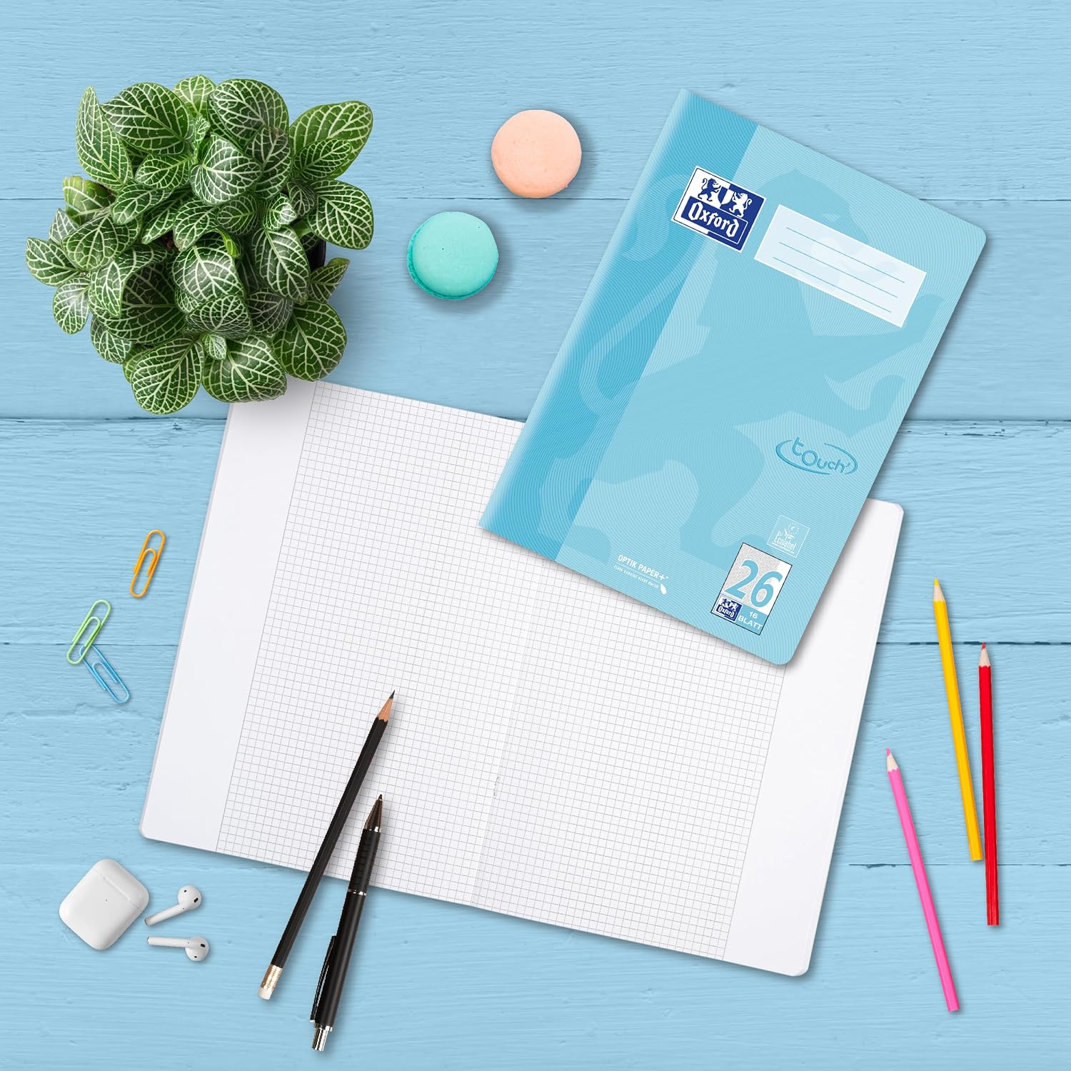Thumbnail 6 de Oxford Schulheft Touch A4, 16 Blatt, Lineatur 26, kariert, pastell blau – 15er Pack