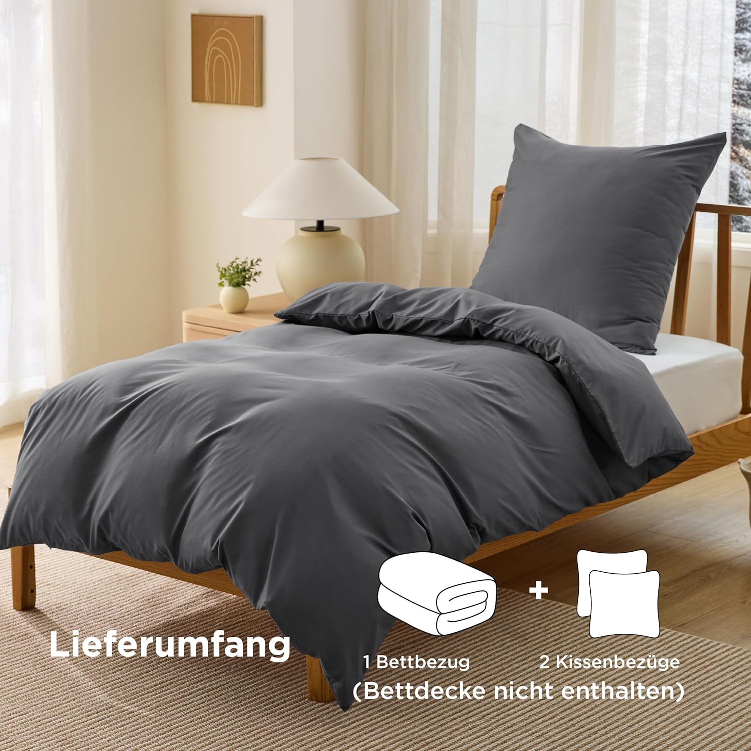 Thumbnail 3 de BEDSURE Bettwäsche 135x200 (2-teilig) Anthrazit – 1 Bettbezug + 1 Kissenbezug 80x80 mit Reißverschluss