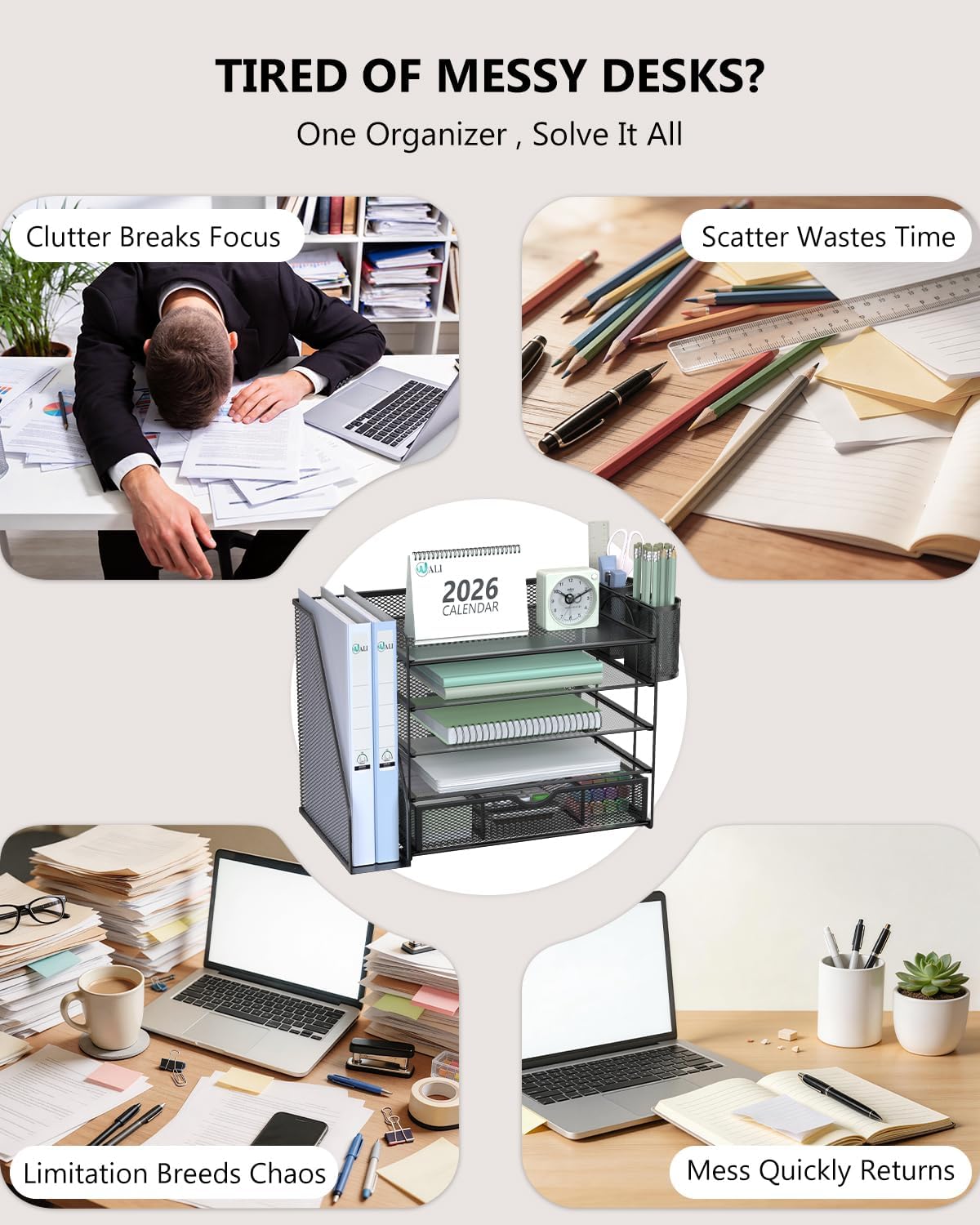 Detalle de WALI DO006DH-B 5-Tier Desk File Organizer with Drawer and Pen Holders