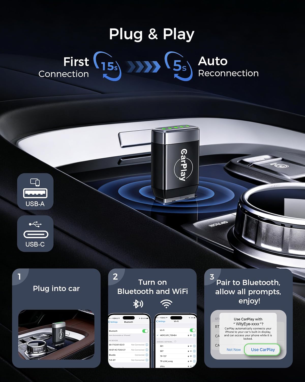 Thumbnail 4 de WityEye Mini CarPlay & Android Auto Wireless Adapter (2026 Advanced) – V5.3 Bluetooth, WiFi 6 Dual Band