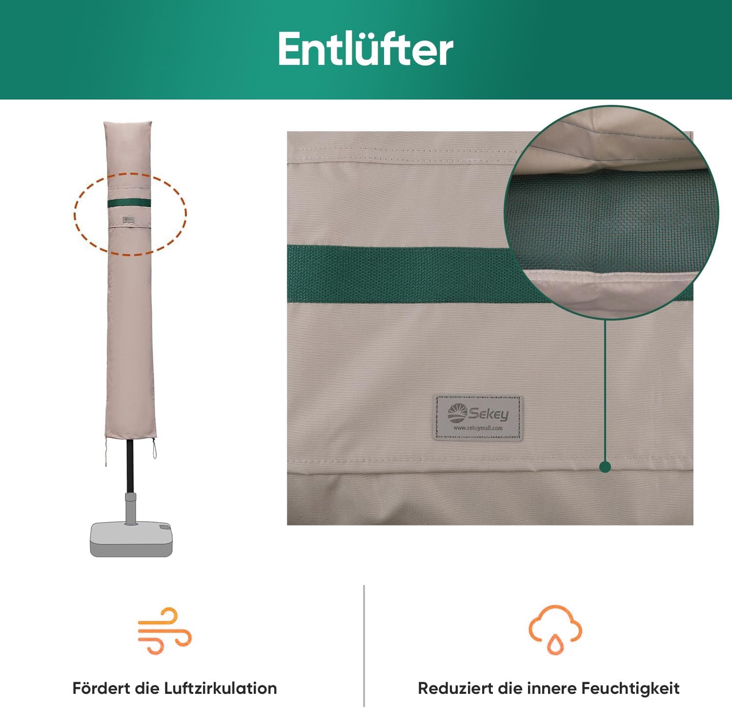 Thumbnail 4 de Sekey Sonnenschirm Schutzhülle mit Stab – wasserdichte Abdeckung für Ø 200 cm Gartenschirm, Khaki