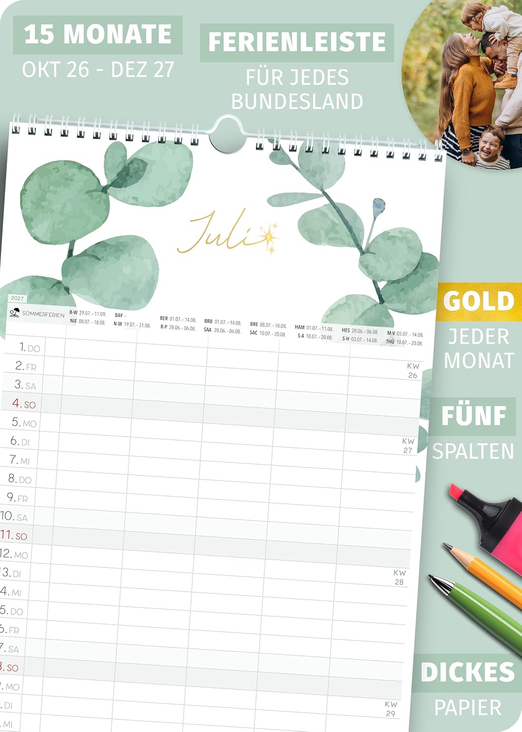 Detalle de Spielefabrik Familienkalender 2027 – Familienplaner 5 Spalten, EUKALYPTUS Blattgold, 23 x 43 cm, echter Goldprägung