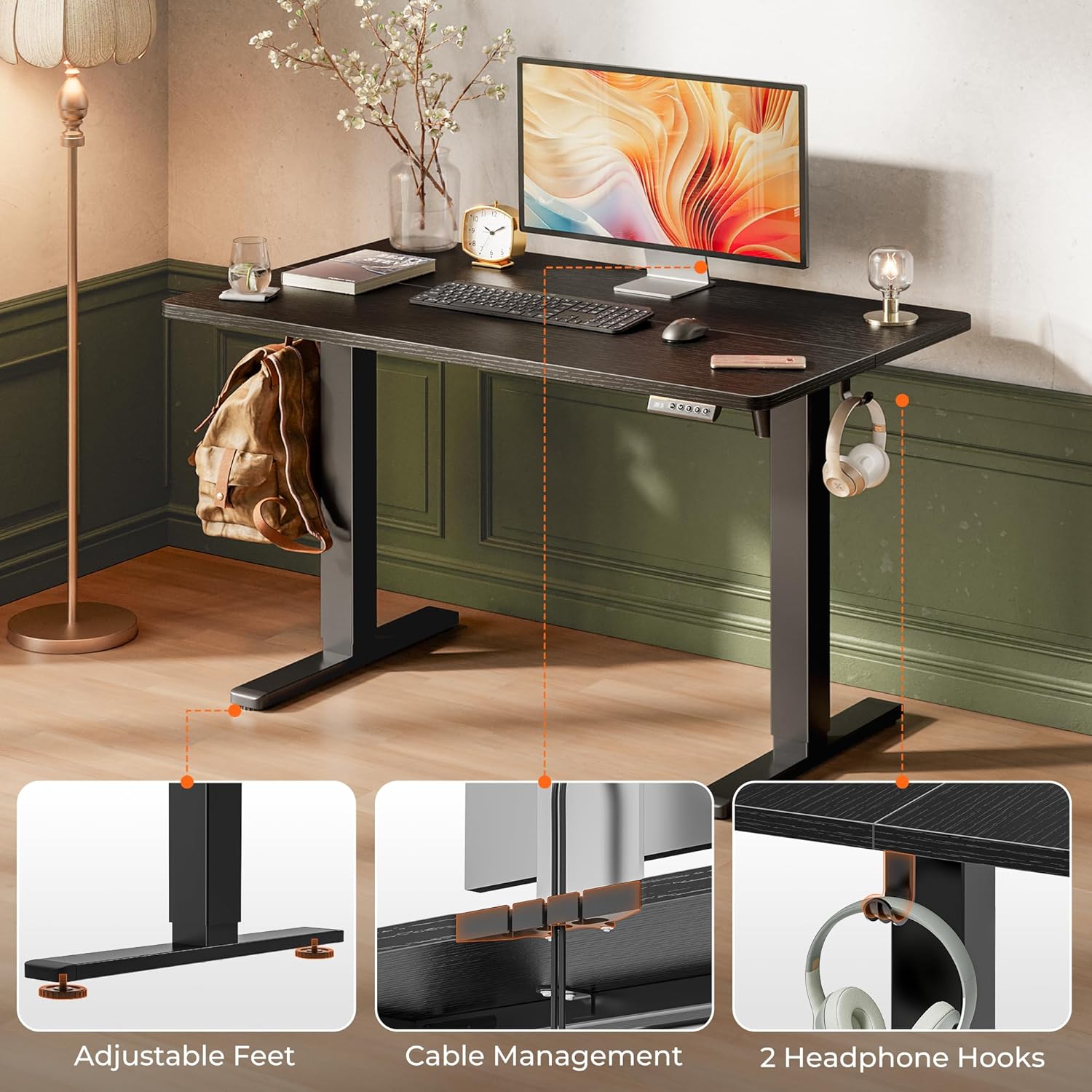 Thumbnail 6 de Huuger 55 x 27.6 Large Electric Standing Desk with 4 Outlets, USB-C & Height Presets – Rustic Brown
