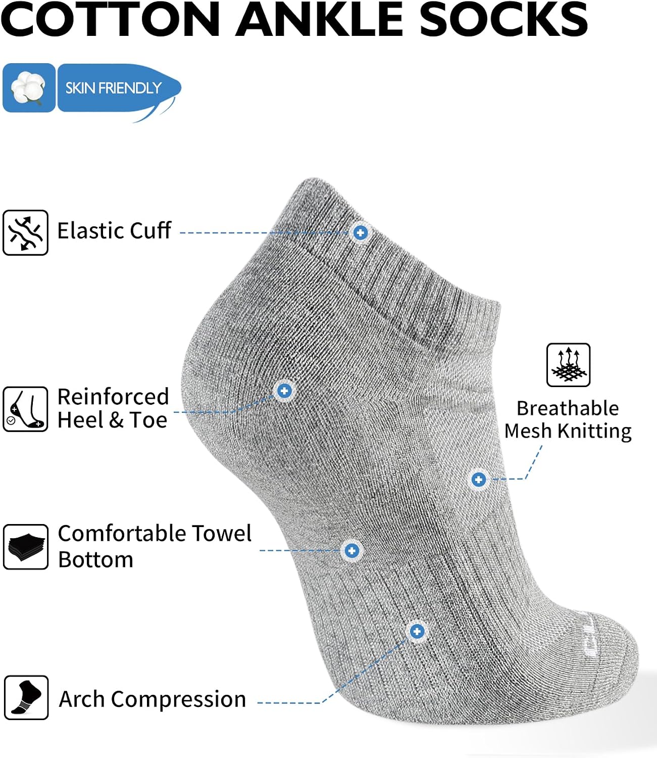 Detalle de CLOSEMATE Low-Cut Cotton Ankle Trainer Socks, Cushioned, Breathable, Non-Slip, 6 Pairs
