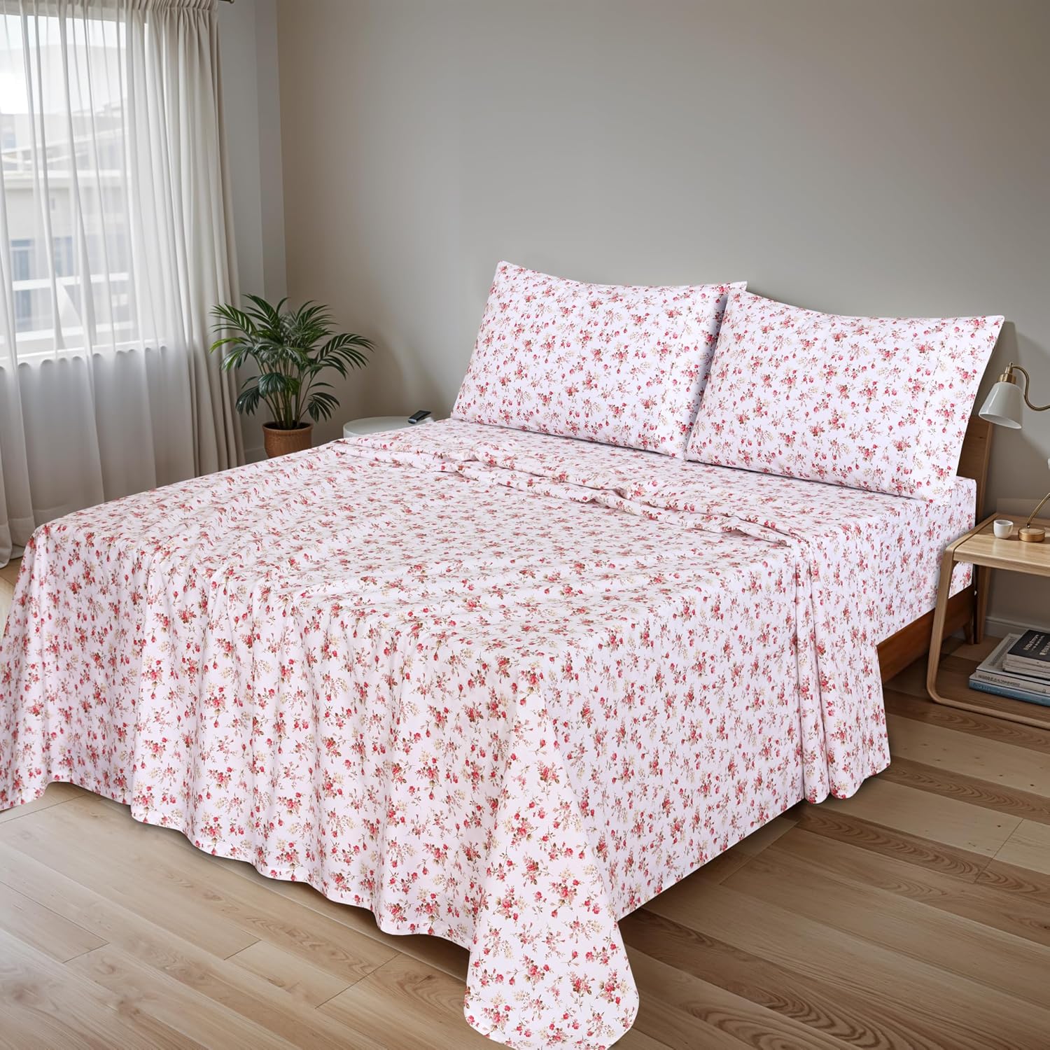 Detalle 2 de RUVANTI 100% Cotton Queen Percale Sheet Set (4-Piece) – 16-Inch Deep Pocket, Cooling Floral Bouquet