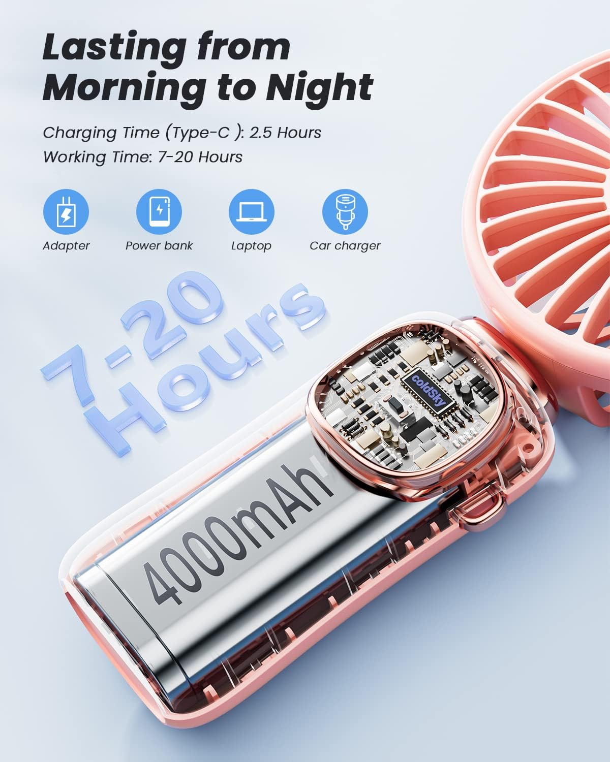 Thumbnail 3 de coldSky 3-in-1 Portable Fan with 4000mAh Battery and LED Display (Pink)