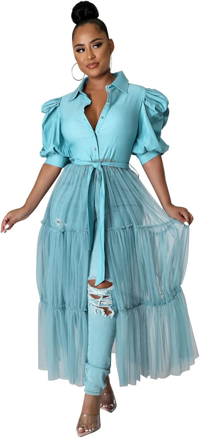 Thumbnail 5 de Ekaliy Women Sexy Short Sleeve Bodycon High Low Asymmetrical Ruffle Tunics Blouse Top Dress