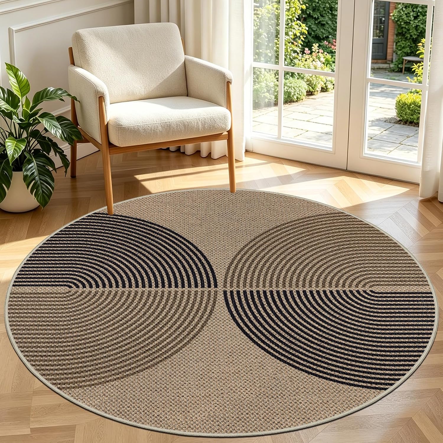 Detalle de Capslpad rond tapijt 120 cm, jute-look, antislip en wasbaar, zwart-bruin