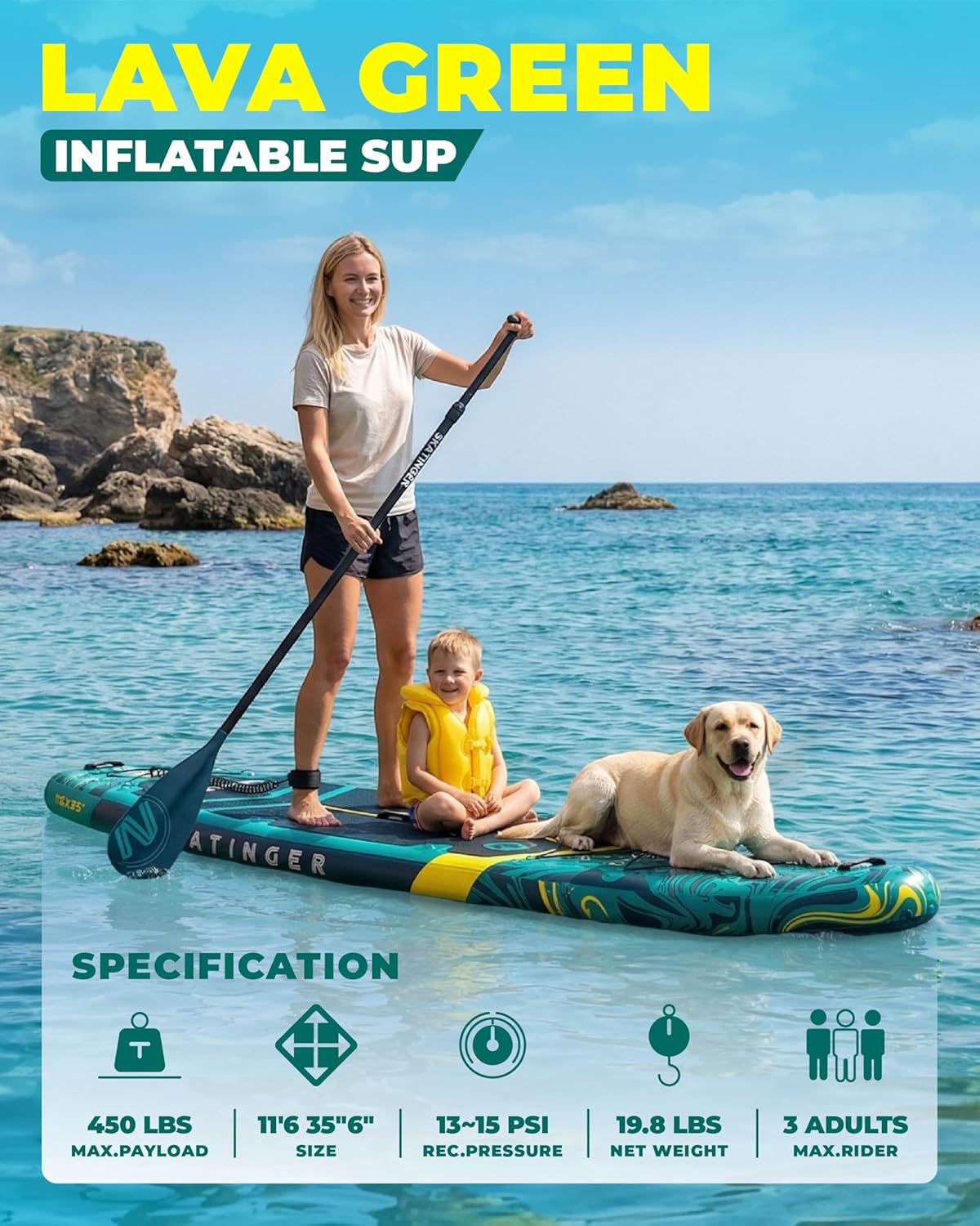 Thumbnail 1 de Skatinger 11'6" x 35" Super Wide Inflatable SUP Board (Up to 450 lb) w/ 100L Backpack, Shoulder Strap & 10" US Fin