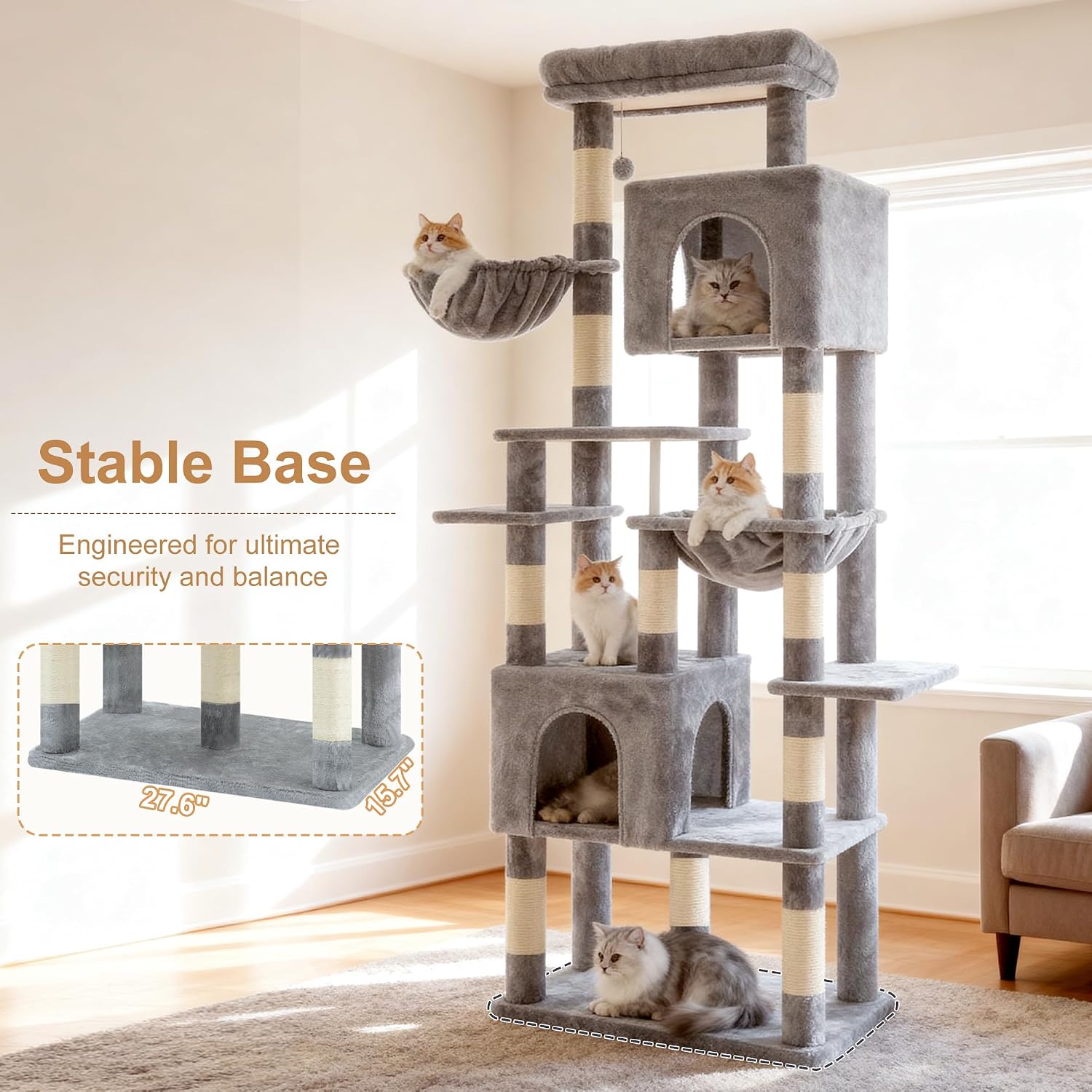 Detalle de Heybly Cat Tree, 193cm Tall Heavy Duty Cat Tower for Big Cats with Extra Wide Baseboard