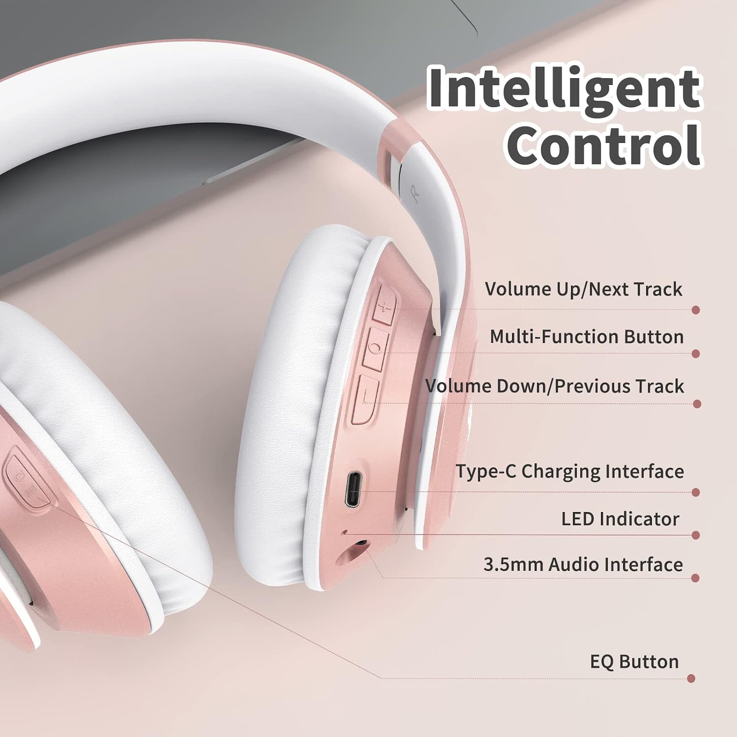 Detalle 2 de Uliptz kabellose Bluetooth-Over-Ear-Kopfhörer mit Mikrofon (65 Std. Spielzeit, 6 EQ-Modi, faltbar) – Roségold