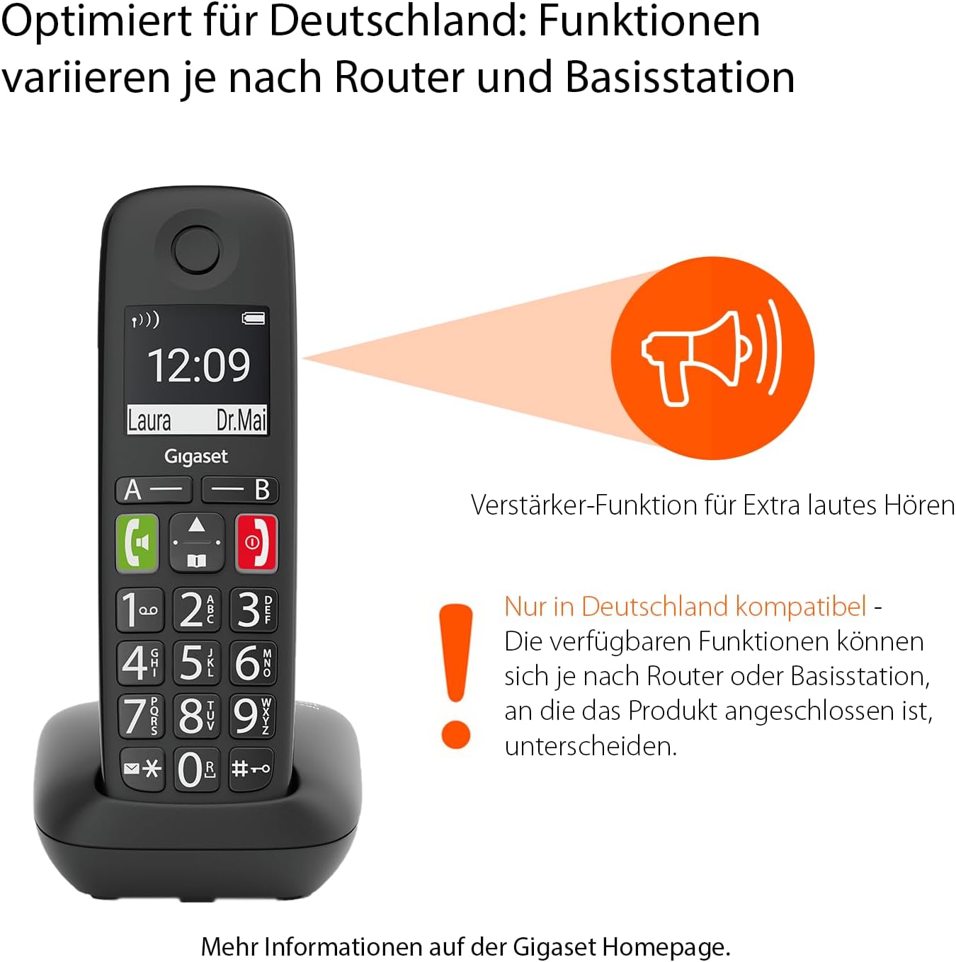 Detalle 2 de Gigaset E290 – Schnurloses Senioren-Telefon mit großen Tasten, Zielwahltasten und Verstärker-Funktion (Schwarz, DE-Version)